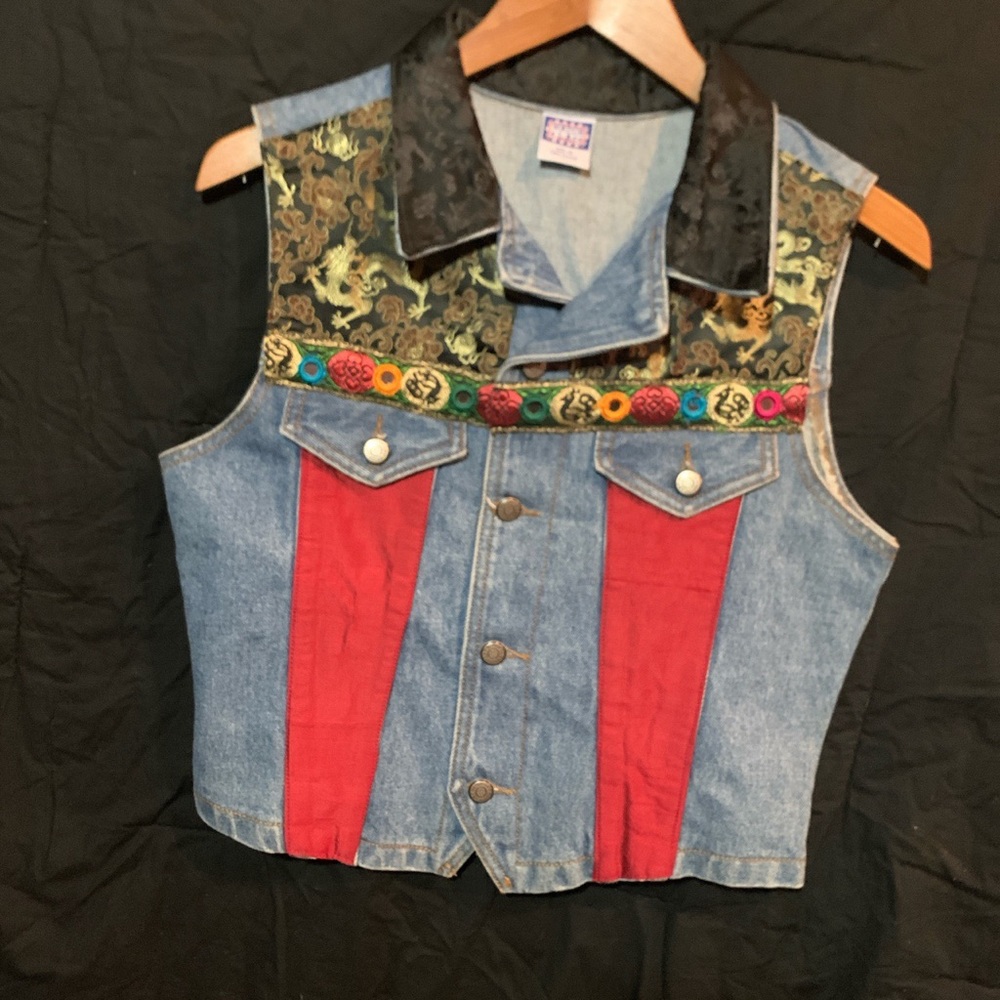 denim jean vest with oriental dragon chest inlays.